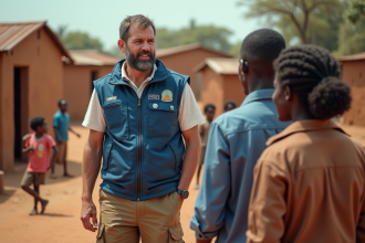 Homme humanitaire parlant avec des villageois en milieu rural