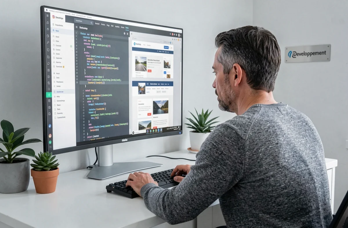 Développeur d'iDeveloppement codant une application web personnalisée sur un grand écran ultrawide dans un bureau minimaliste