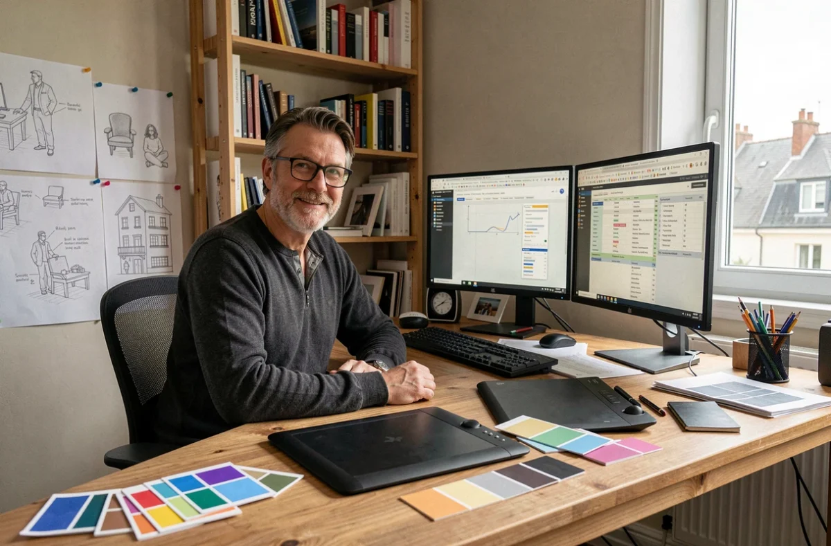 Infographiste-nb, consultant web indépendant à Asnières-sur-Seine, dans son studio avec outils de design et SEO