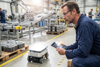 Ingénieur en combinaison bleue surveillant un robot industriel