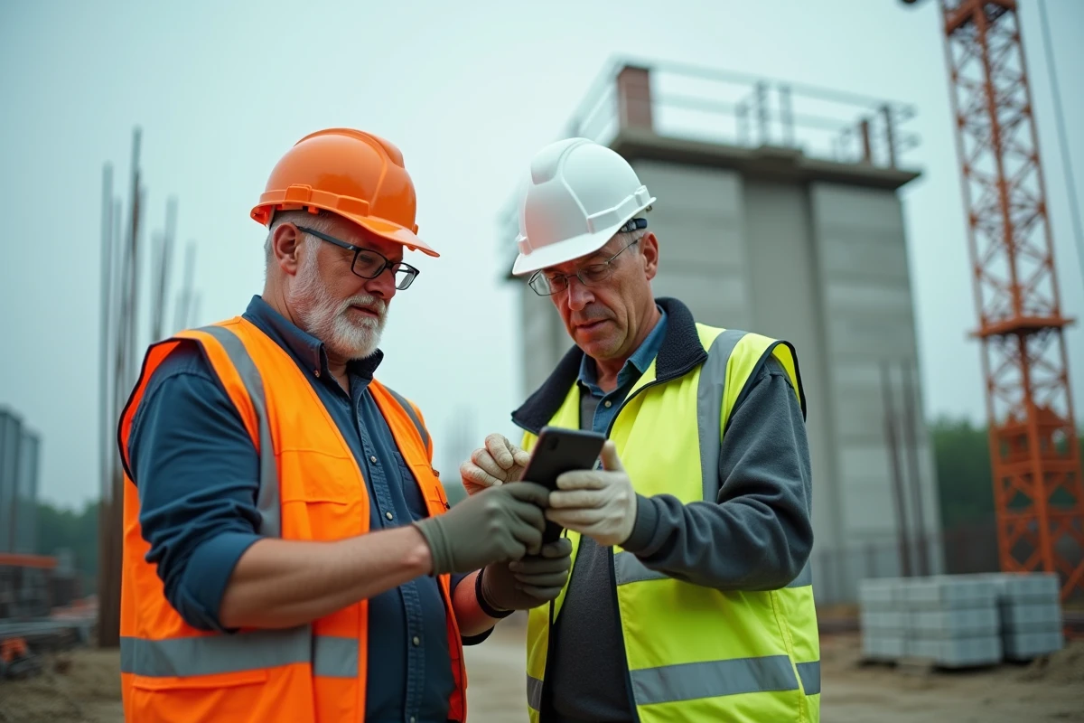 Deux ingénieurs BTP consultant un site d'actualité construction sur smartphone en extérieur