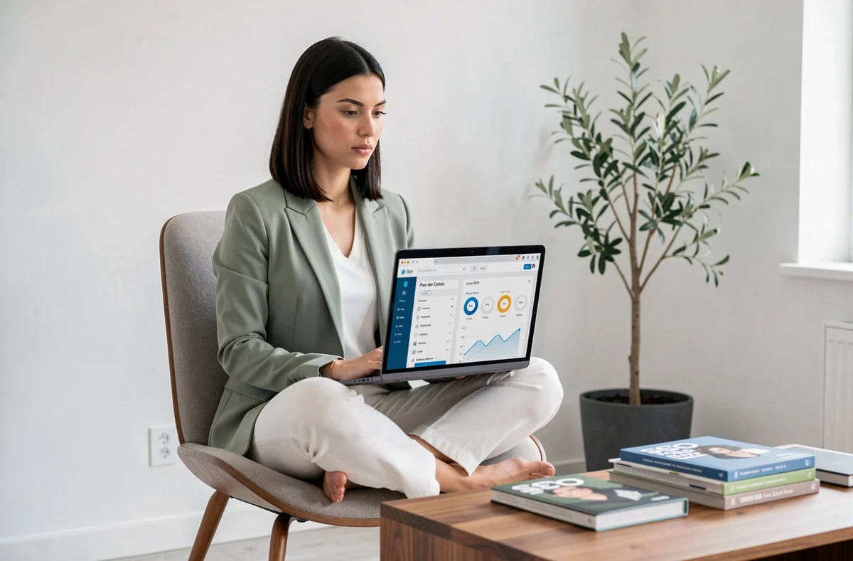 Consultante SEO de l'agence Inleven Studio analysant un tableau de bord de référencement local dans un studio moderne et minimaliste