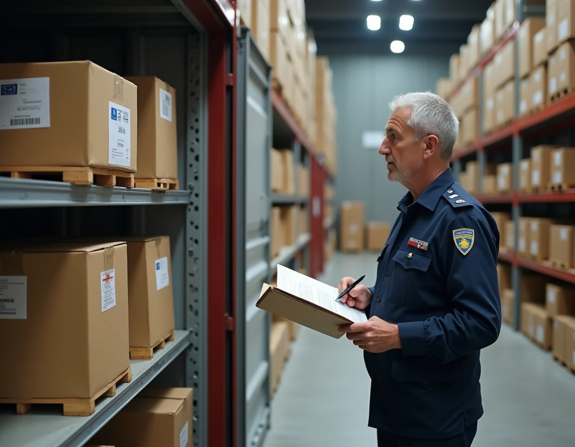 Inspecteur des douanes européen vérifiant des certificats CE sur des colis importés depuis la Chine dans un entrepôt portuaire