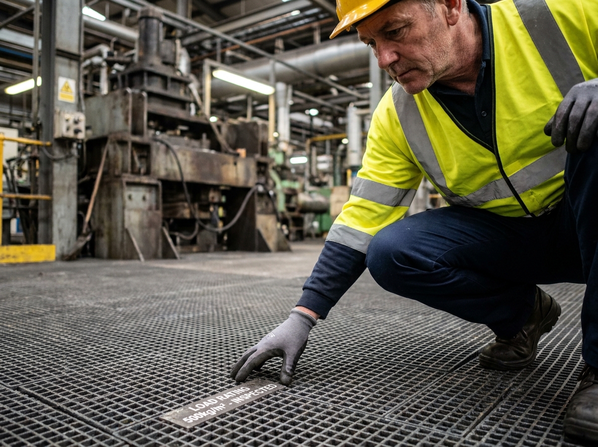 Technicien de sécurité inspectant un caillebotis en fibre de verre pour zones de circulation en entreprise