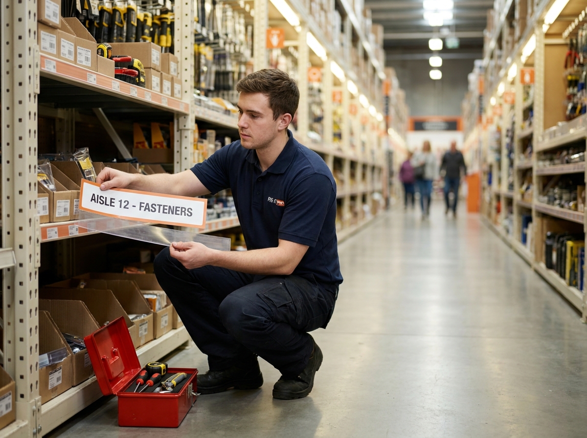 Employé installant une signalétique de rayon dans un magasin de bricolage
