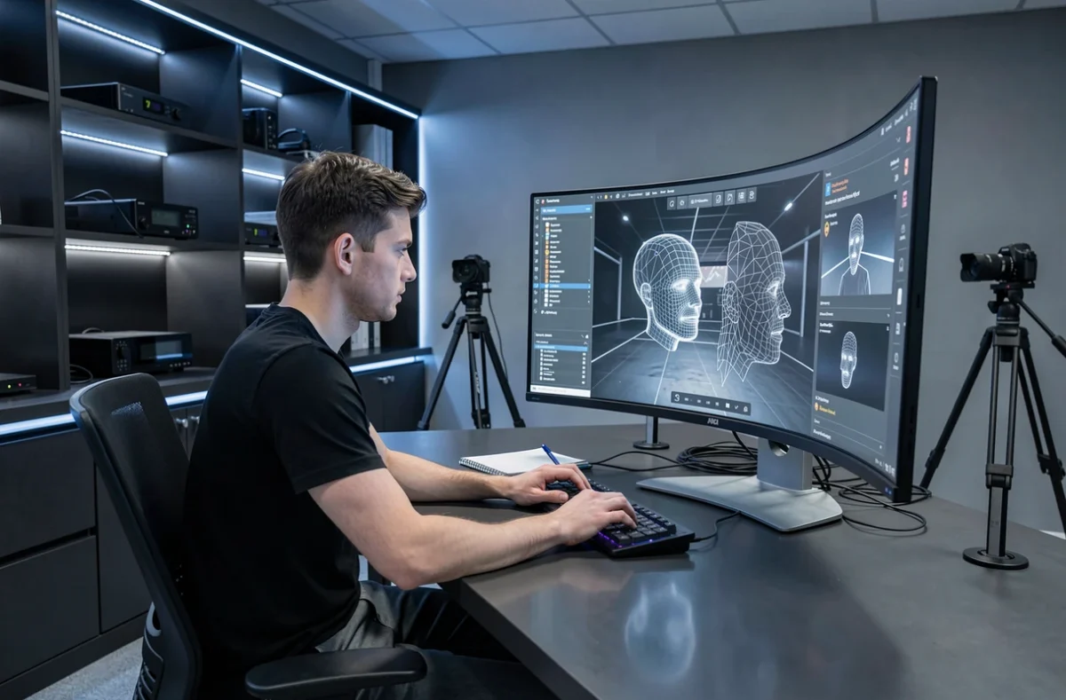 Développeur de Jeeliz travaillant sur une interface de vision artificielle et reconnaissance faciale dans un laboratoire technologique