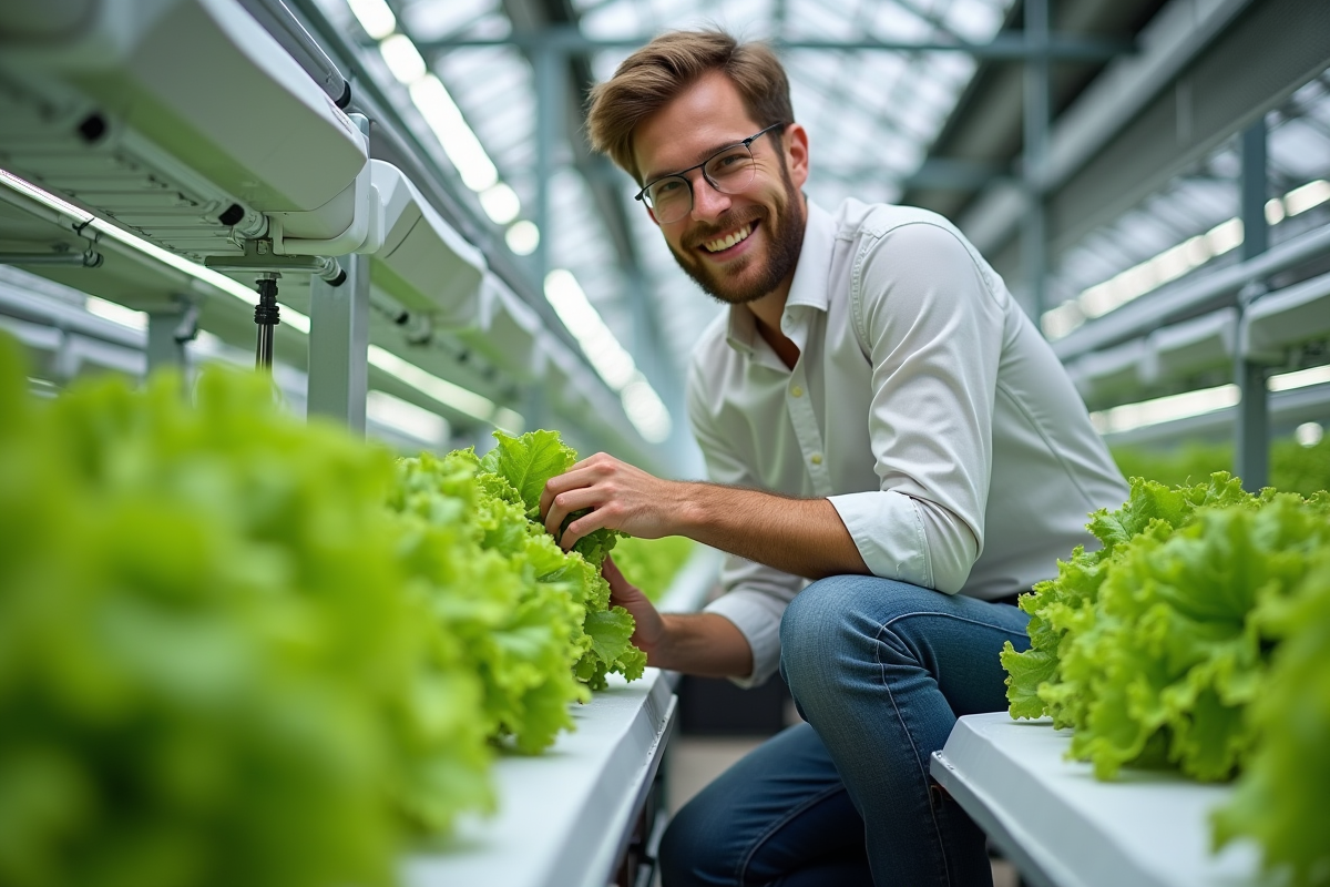 Jeune agronome inspectant laitues en serre hydroponique