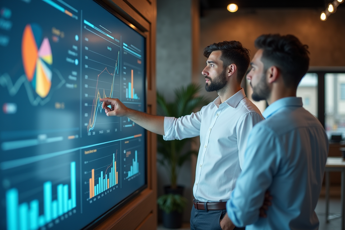 Jeune analyste pointant un graphique sur un tableau digital
