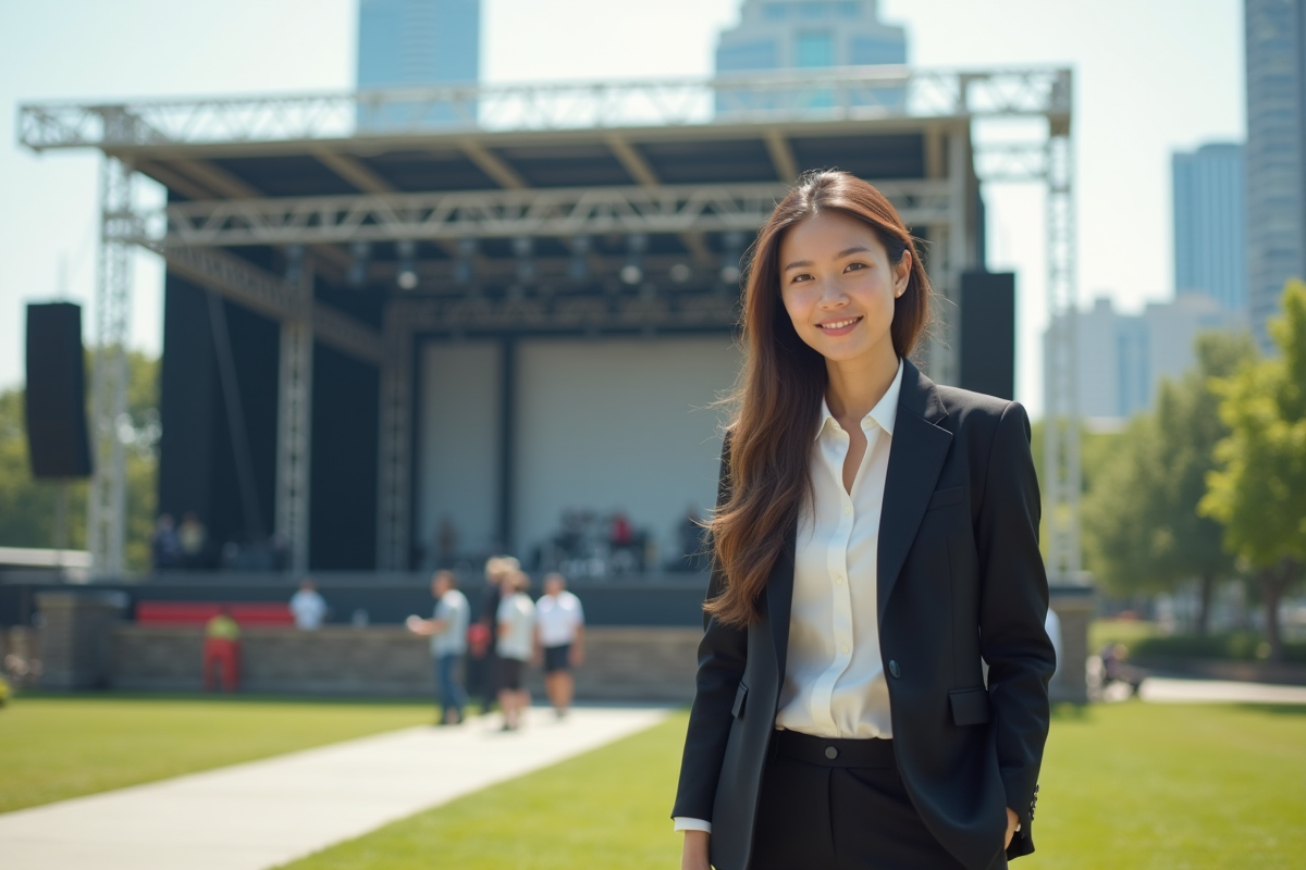 Jeune femme coordonnatrice en extérieur devant une scène en construction
