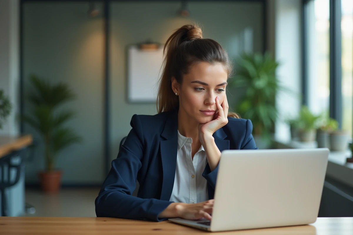 Jeune femme en bureau moderne travaillant sur son ordinateur
