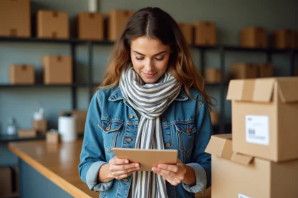 Jeune femme avec colis et etiquette de livraison