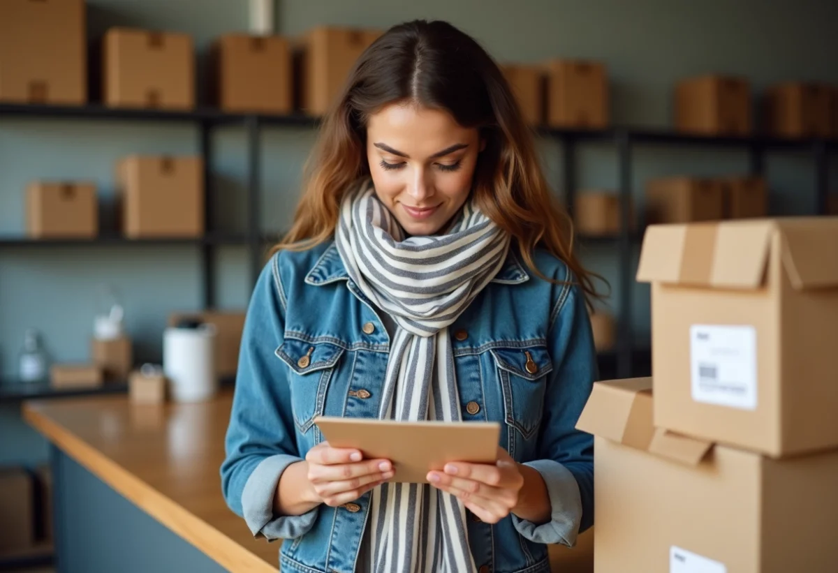 Jeune femme avec colis et etiquette de livraison