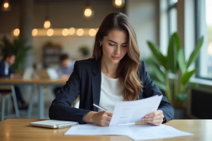 Jeune femme entrepreneur analysant des documents d'aides à la création d'entreprise dans un espace de coworking moderne