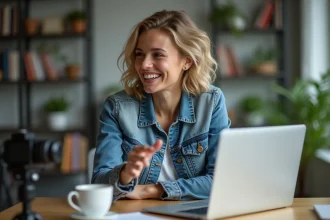 Jeune femme souriante avec smartphone dans un bureau moderne