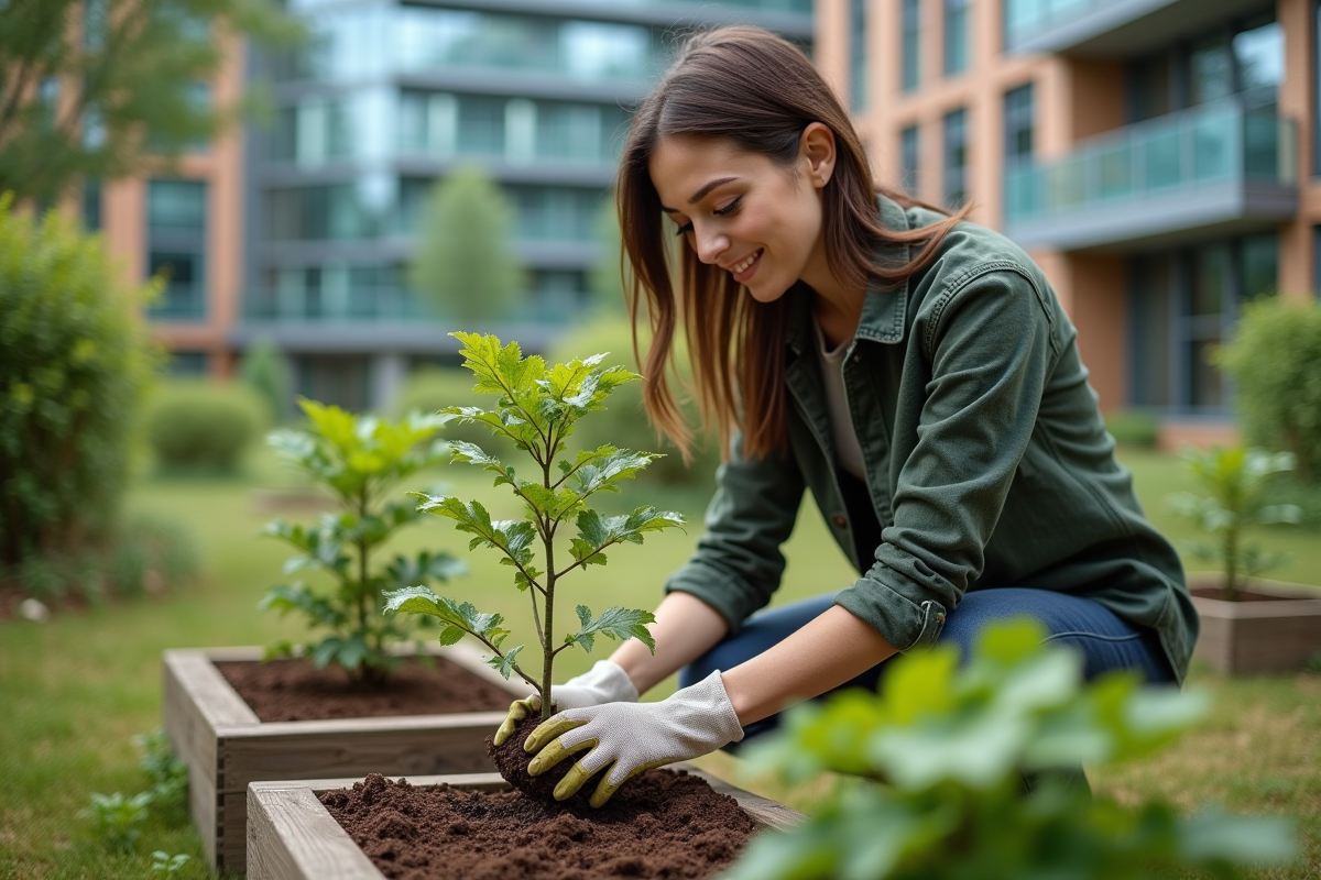 Jeune femme plantant un jeune arbre dans un jardin d