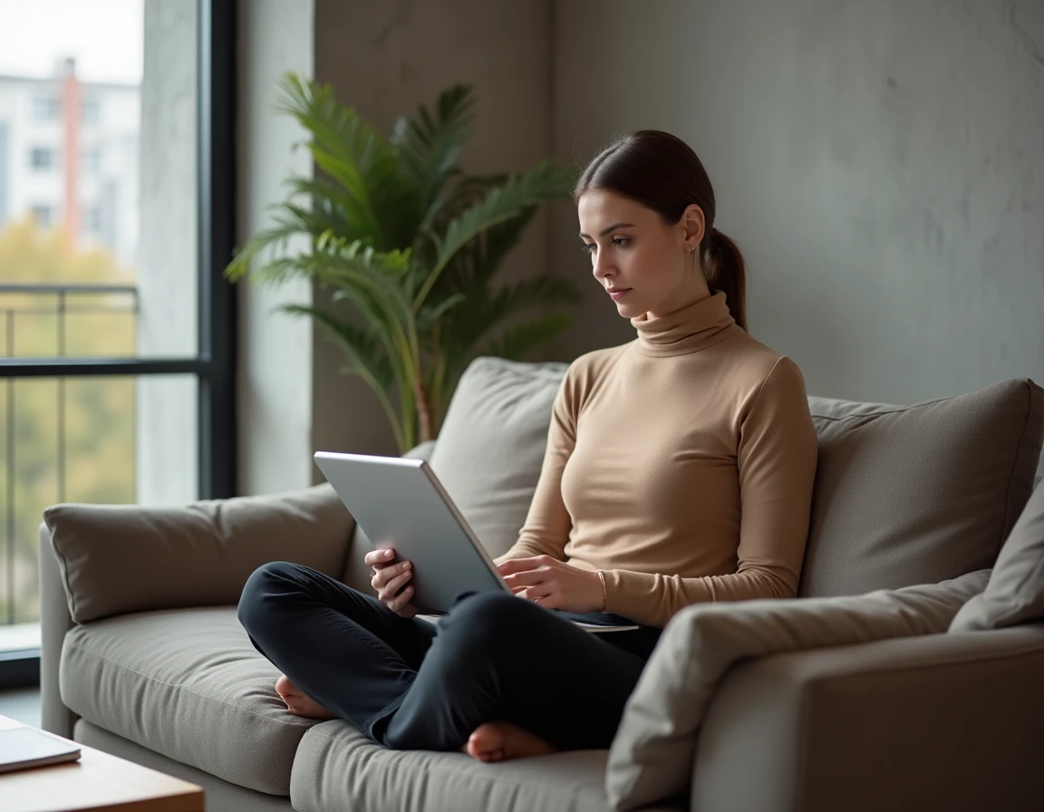 Jeune femme effectuant une recherche rapide d'emploi sur la bourse des notaires via une tablette depuis son salon