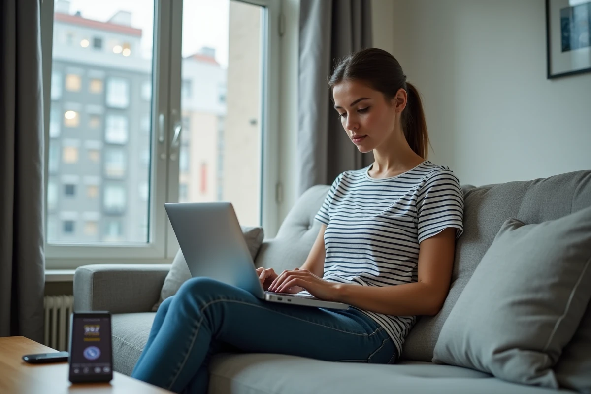 Jeune femme cherchant le numéro de contact UPS sur son ordinateur portable avec son téléphone prêt à appeler