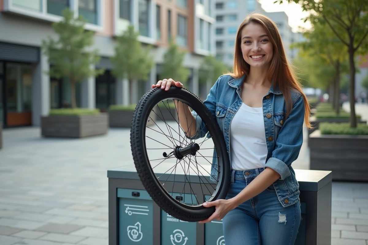 Jeune femme réparant un vélo dans un espace urbain