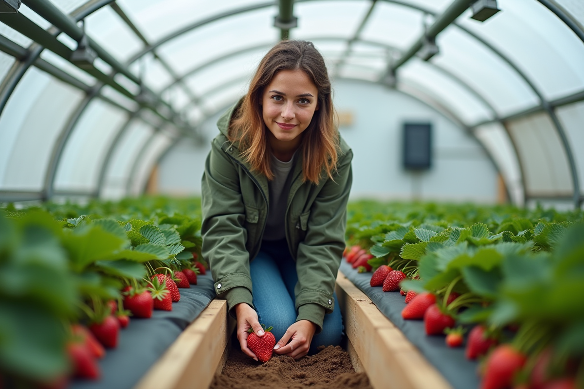 Jeune femme dans une serre cultivant des fraises