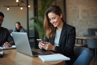Jeune femme souriante avec smartphone dans un café moderne