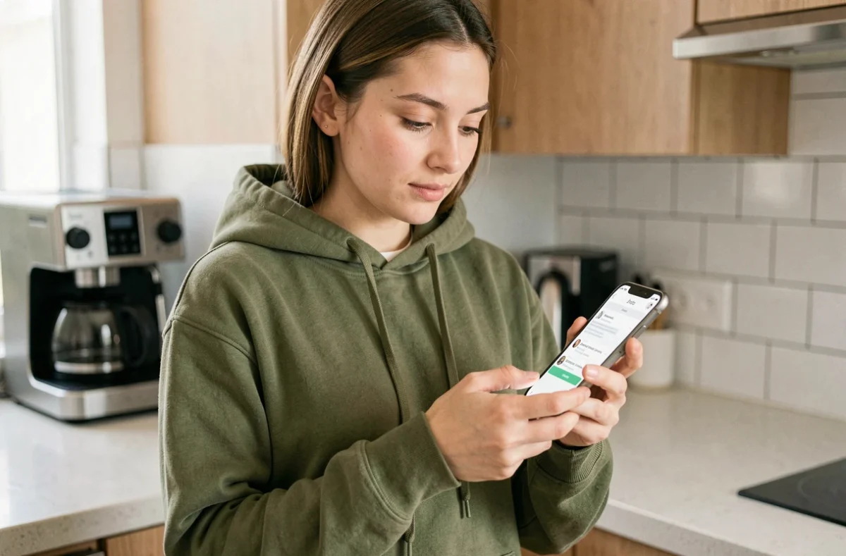 Jeune femme consultant le service client Backmarket sur un smartphone reconditionné dans sa cuisine