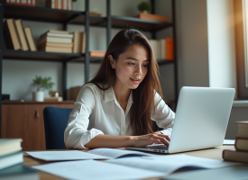 Jeune femme concentrée sur son ordinateur au bureau lumineux