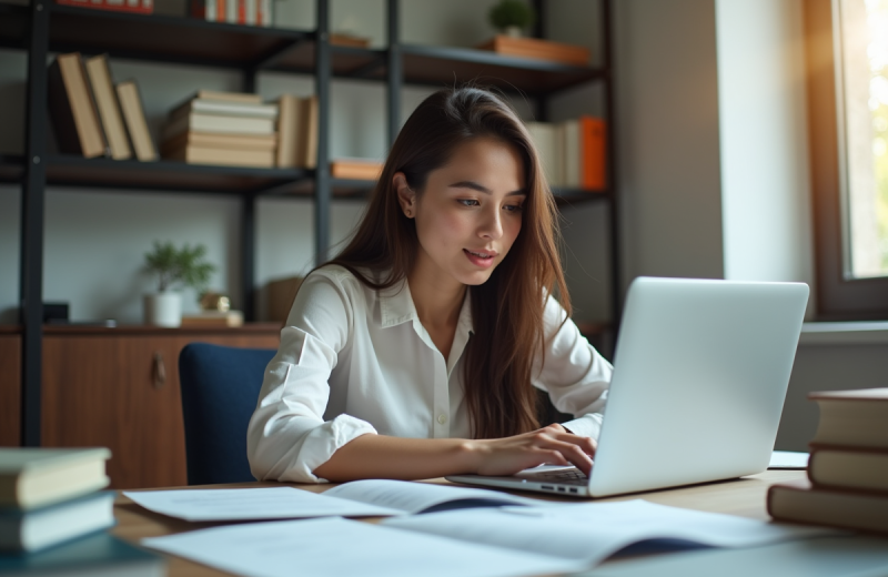 Jeune femme concentrée sur son ordinateur au bureau lumineux