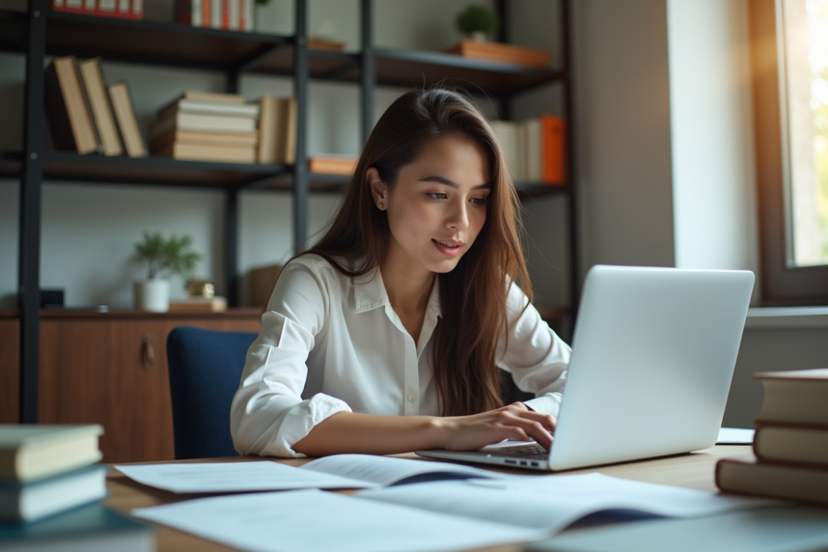 Jeune femme concentrée sur son ordinateur au bureau lumineux