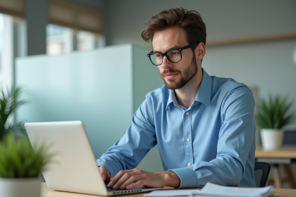 Jeune homme au bureau travaillant sur son ordinateur portable