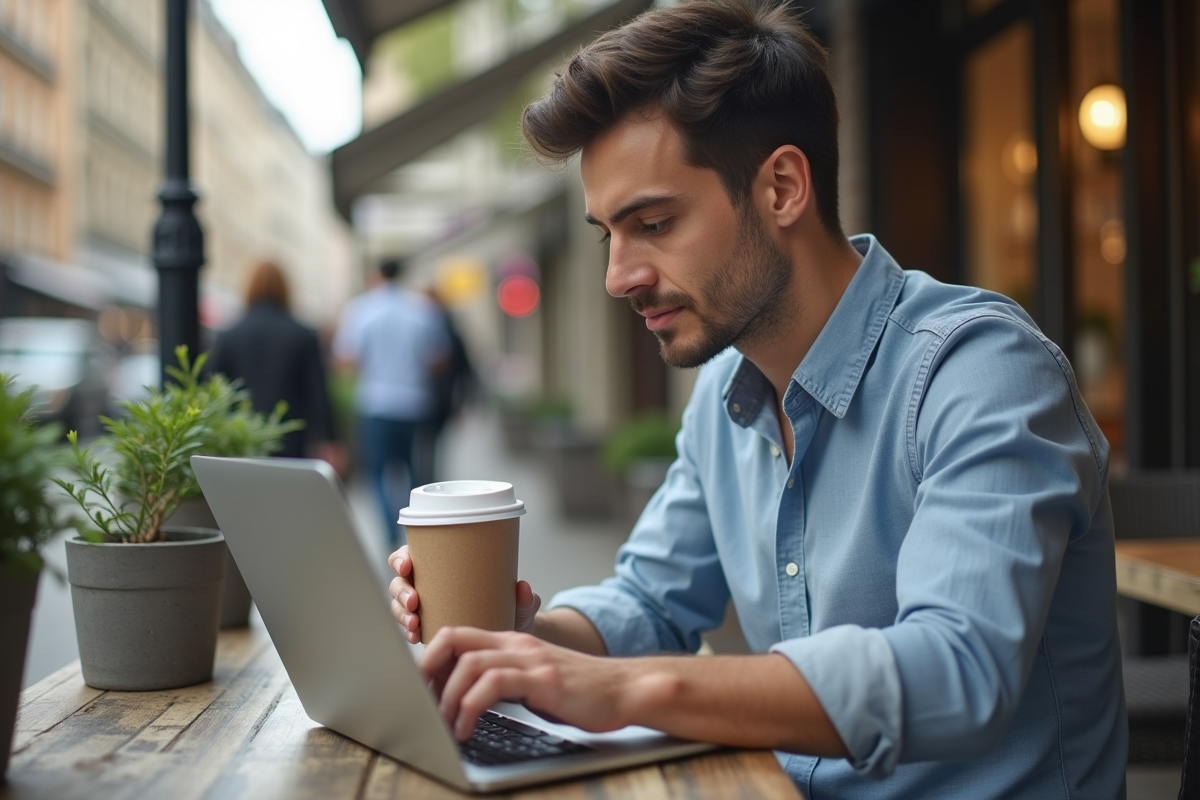 Jeune homme au café analysant des données de vente sur son ordinateur