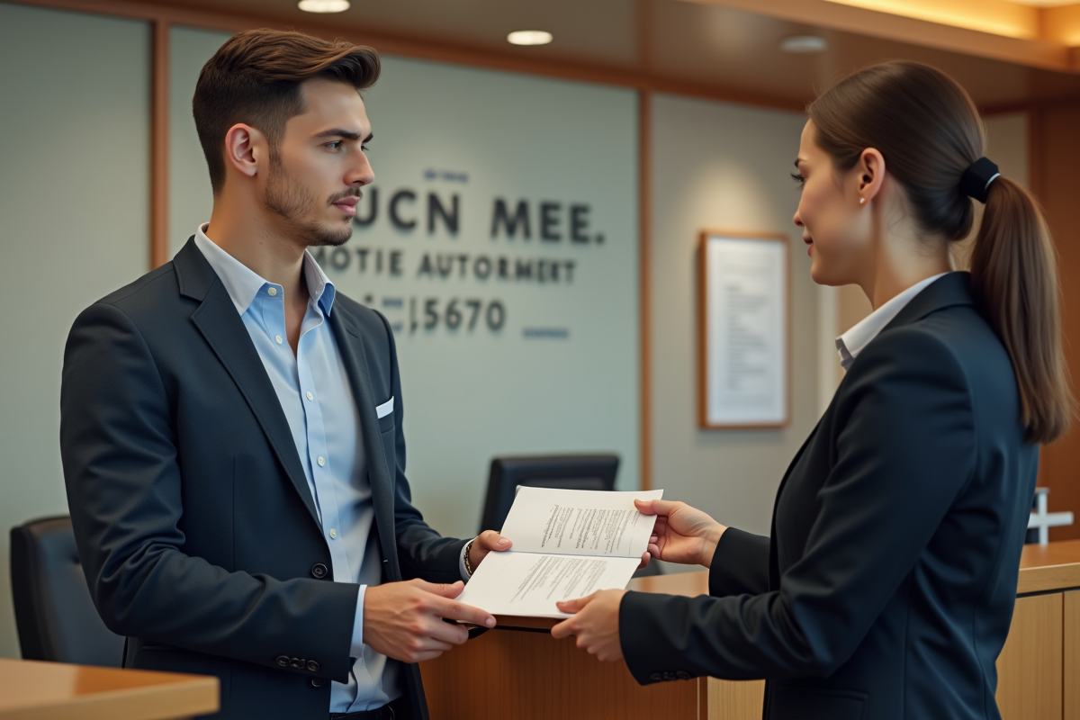 Jeune professionnel remettant un document à un agent dans un bureau administratif