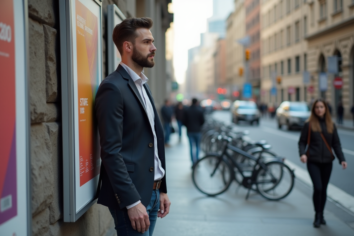 Jeune homme placant une affiche colorée dans la ville