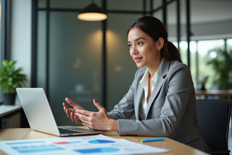 Jeune femme marketing en réunion avec graphiques colorés