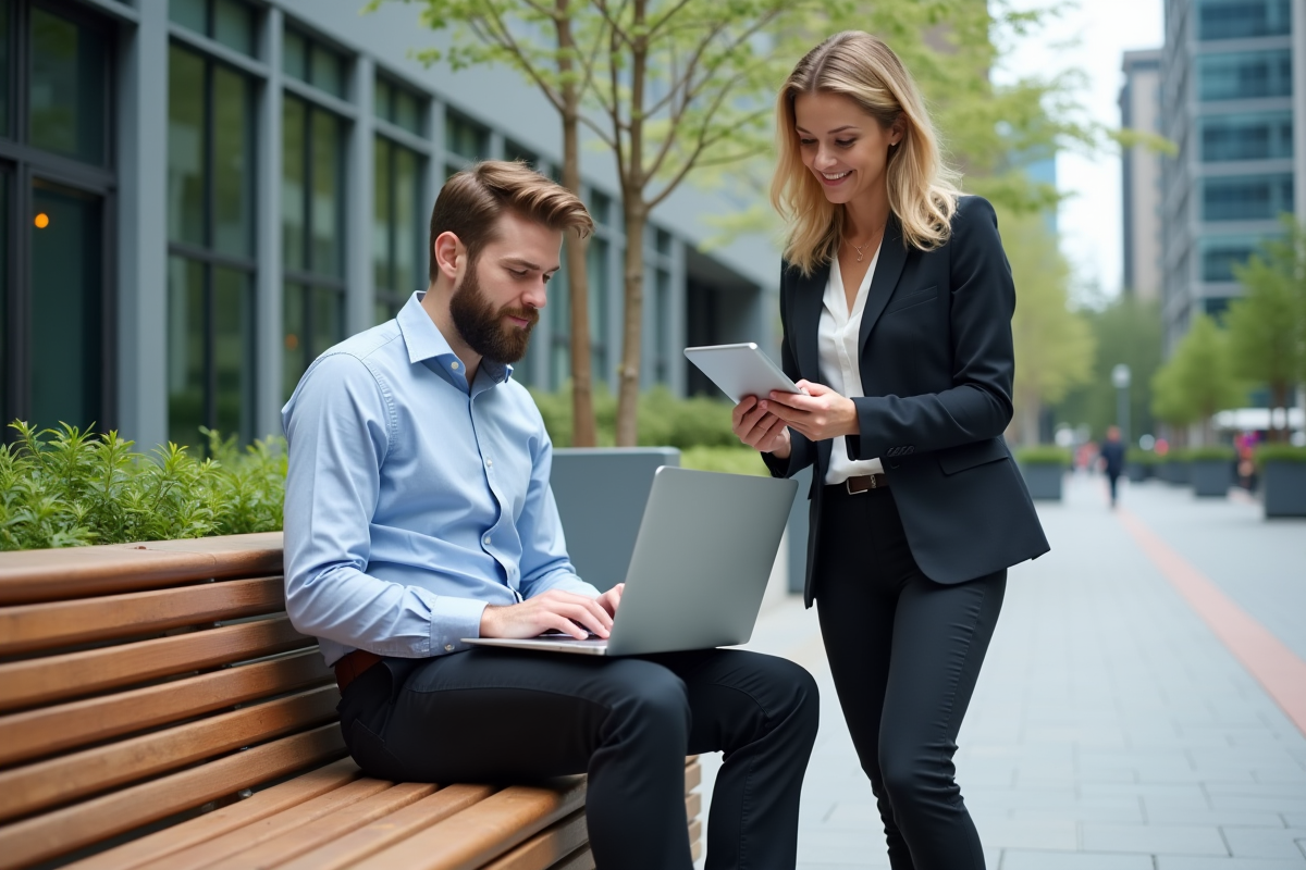 Jeune homme travaillant sur un ordinateur en extérieur urbain