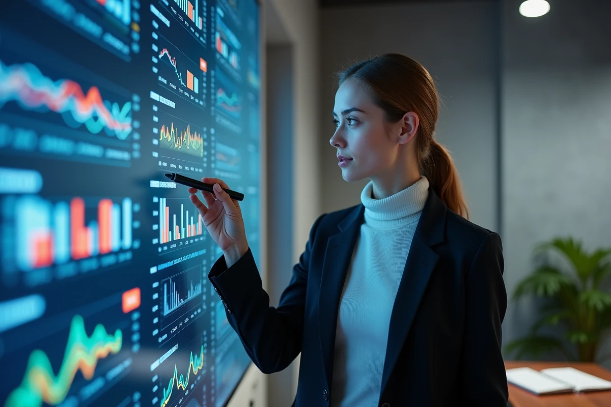 Jeune femme stratège devant un écran de données colorées