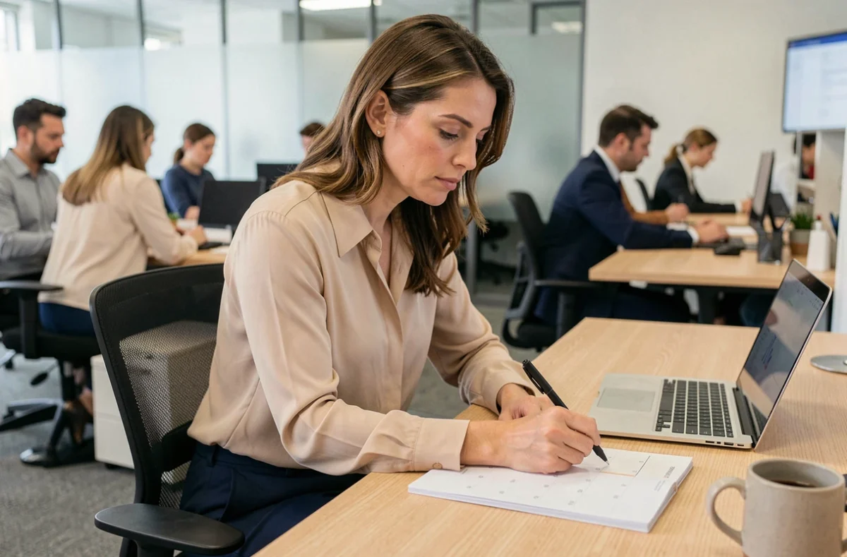 Femme en bureau marquant des jours ouvrés sur un calendrier papier 2026 à son poste de travail