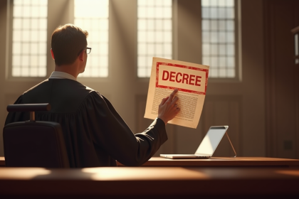 Juge en salle moderne tenant un decret estampille rouge