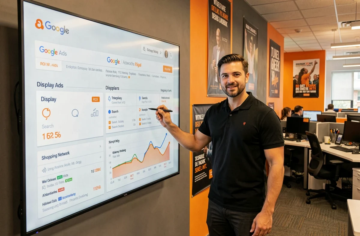 Manager de campagnes de l'agence JVWEB présentant une stratégie Google Ads multi-réseaux sur un grand écran mural