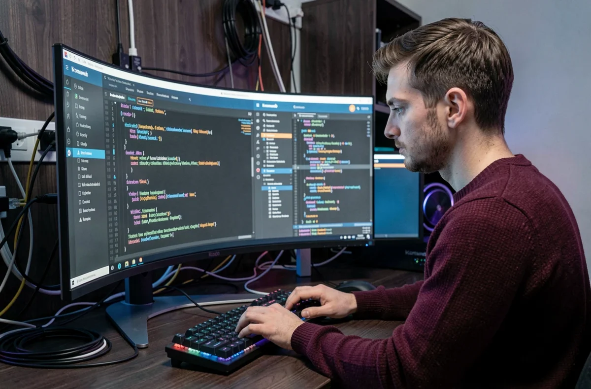 Développeur front-end de l'agence Kromaweb codant un site internet responsive sur un moniteur ultrawide dans son espace de travail