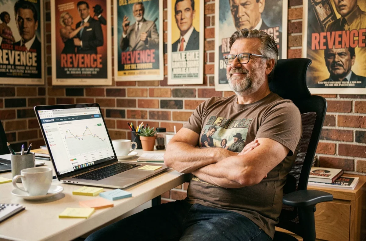 Expert SEO de l'agence La Revanche des Sites satisfait d'une hausse de trafic organique dans un bureau au style décalé et créatif