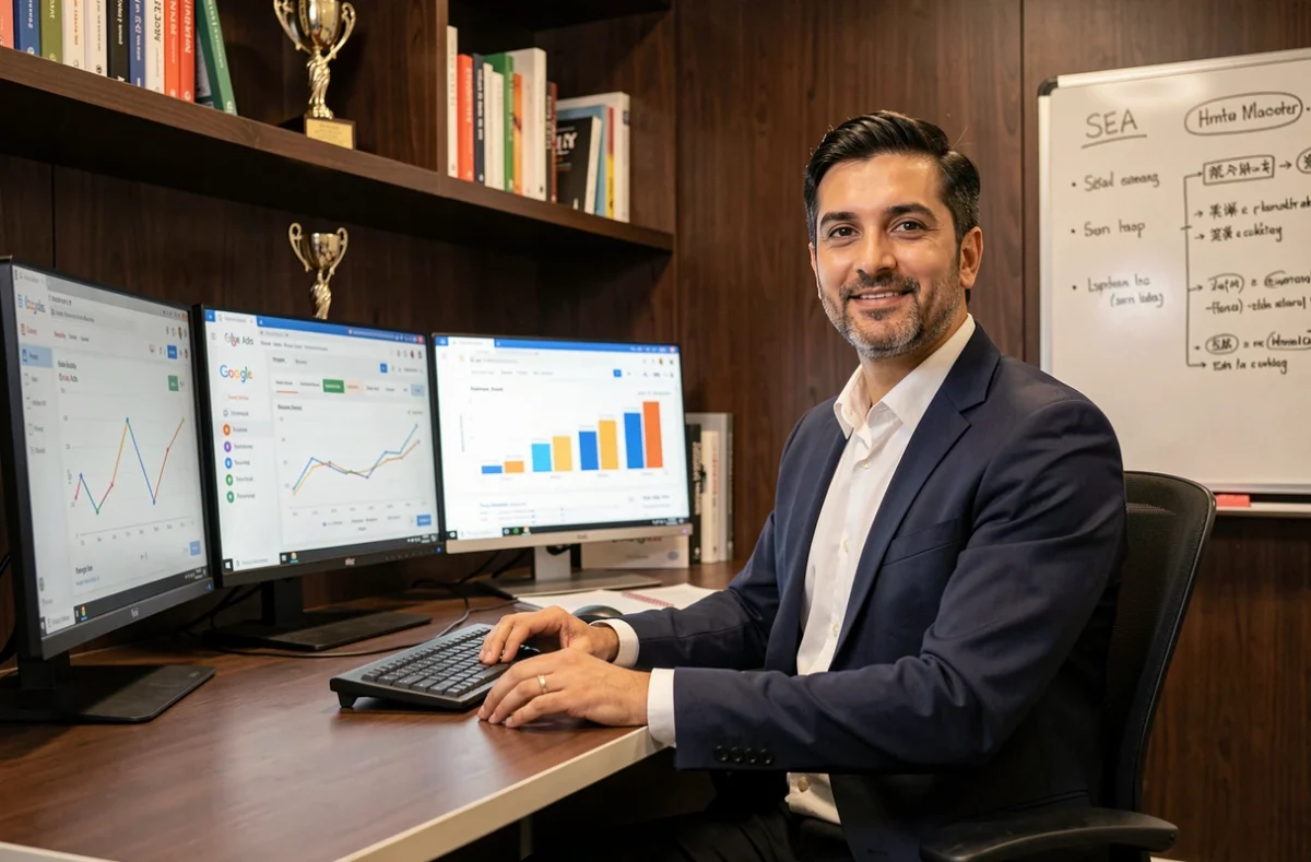 Stratège SEA expert assis devant ses écrans affichant des analyses Google Ads pour l'agence Le Mage du SEA