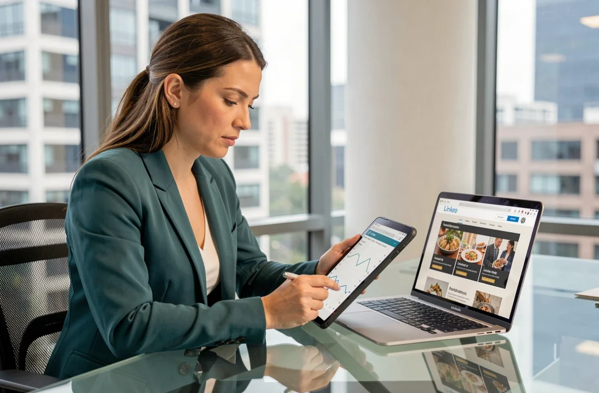 Professionnelle de l'agence Linkeo analysant des statistiques de site web pour un client restaurateur sur une tablette