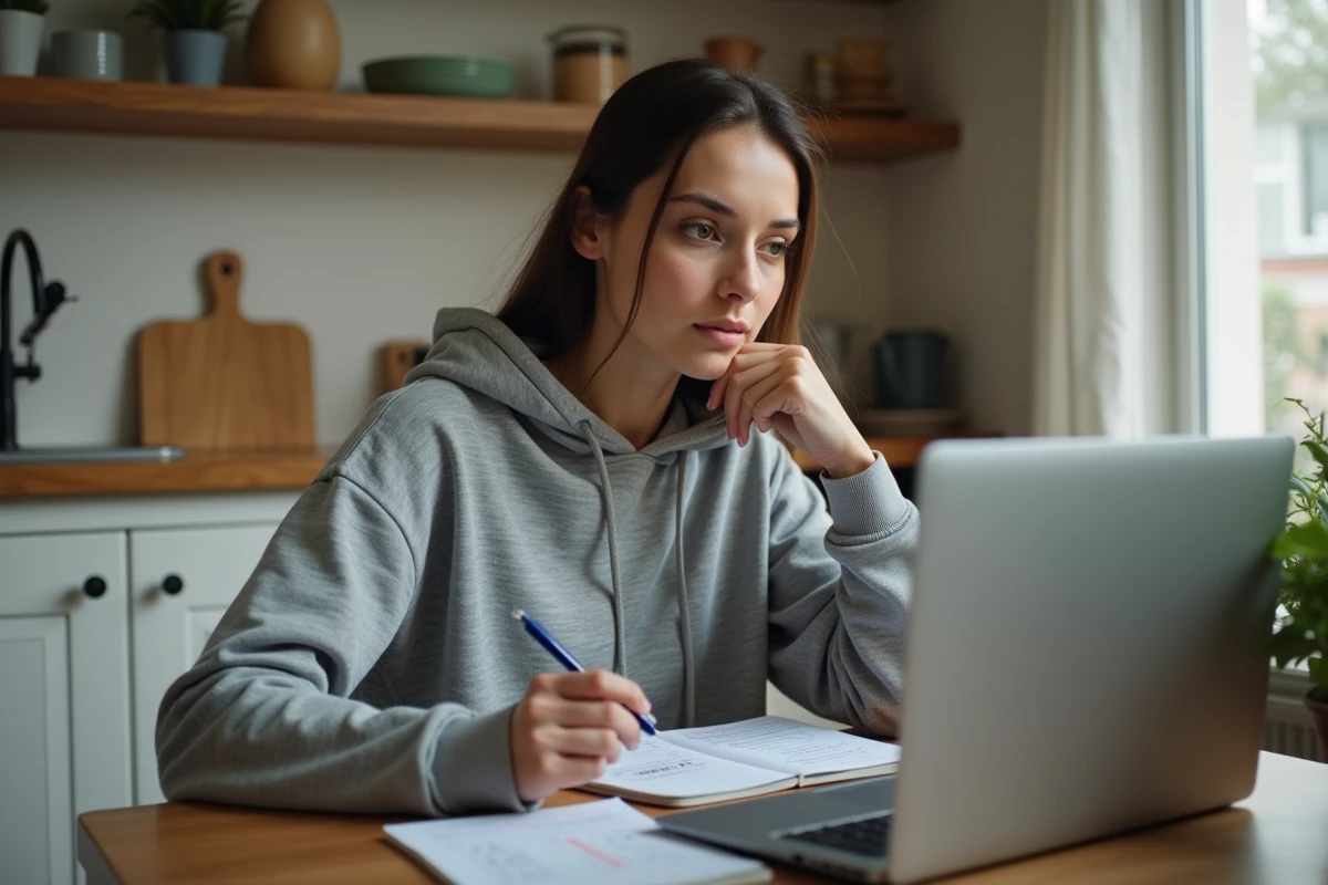 Livreuse Uber Eats planifiant ses gains à domicile avec un ordinateur portable et des notes de calcul