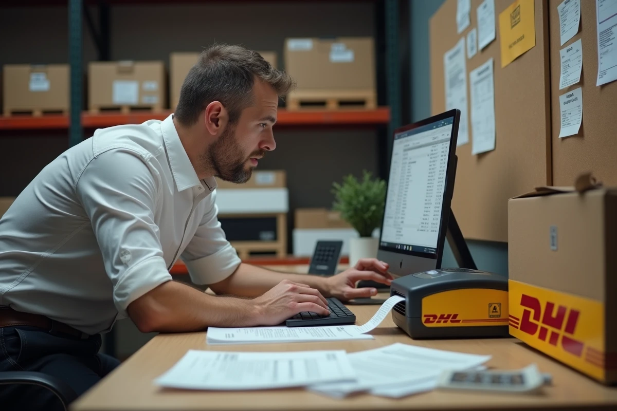 Un professionnel de la logistique consultant des documents d'expédition DHL dans un bureau d'entrepôt