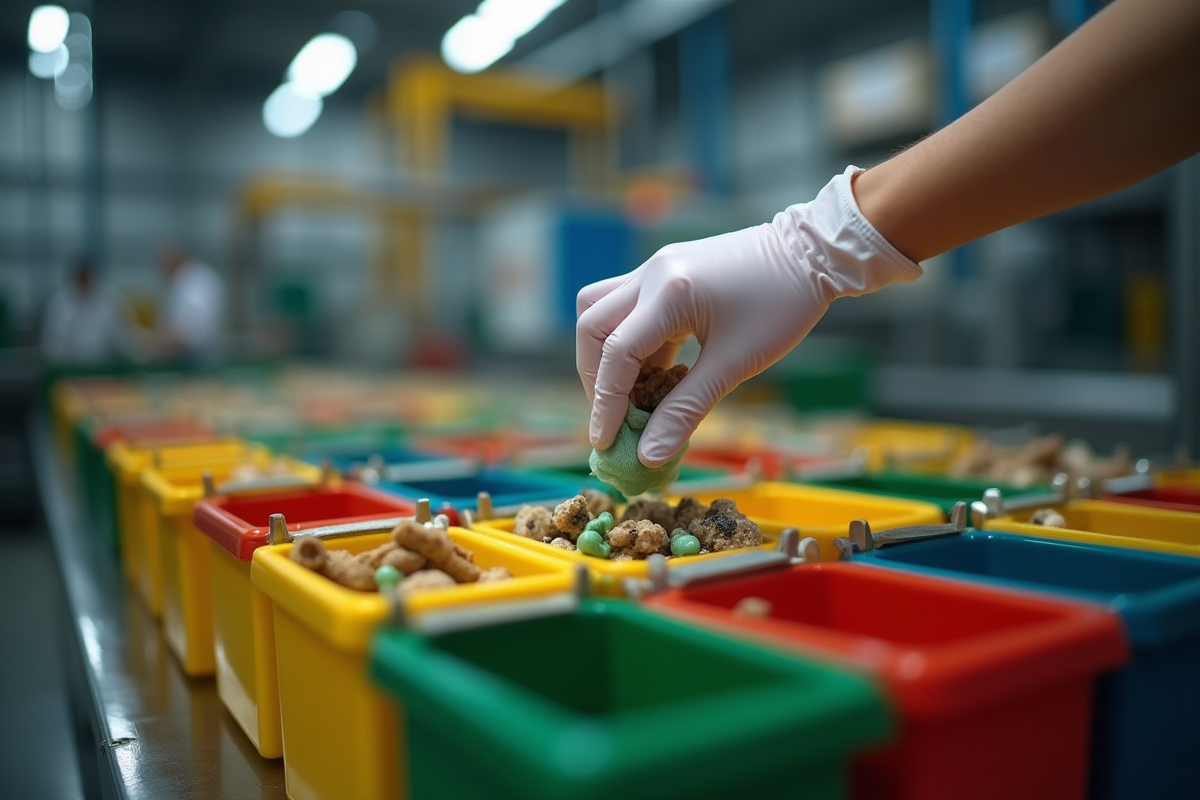Mains en gants jetables plaçant des matériaux recyclables dans des bacs colorés