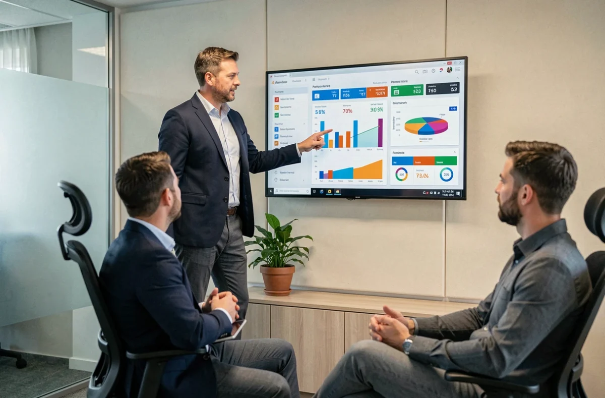 Manager présentant des indicateurs de performance sur un écran numérique à son équipe en salle de réunion