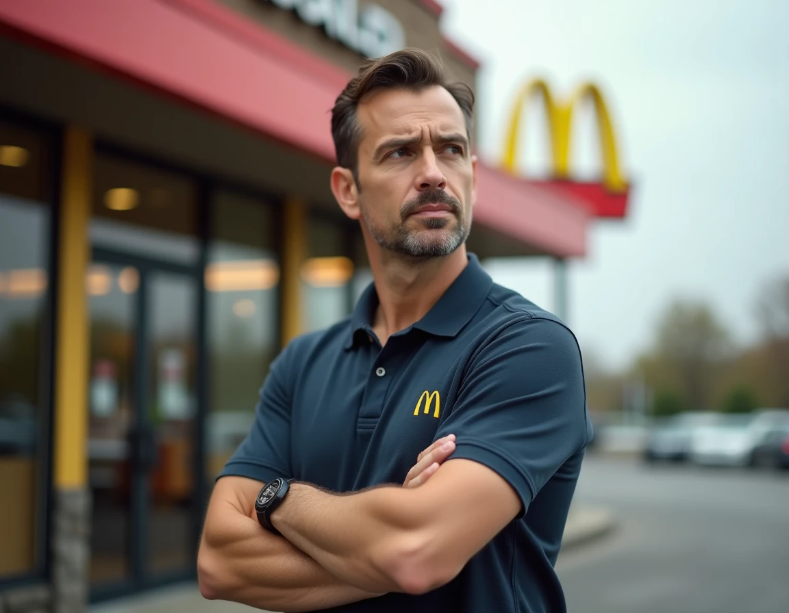 Manager McDonald's en extérieur devant la façade d'un restaurant avec les arches dorées en arrière-plan