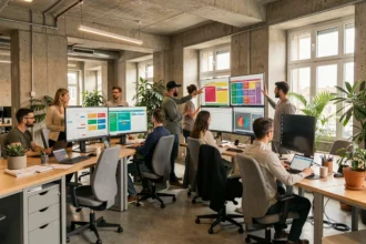Vue d'ensemble d'une agence de création de sites internet moderne dans les Hauts-de-Seine avec des professionnels travaillant sur des interfaces web