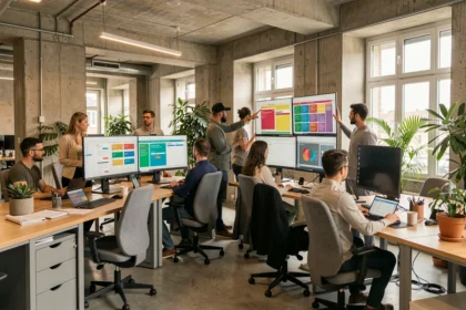 Vue d'ensemble d'une agence de création de sites internet moderne dans les Hauts-de-Seine avec des professionnels travaillant sur des interfaces web