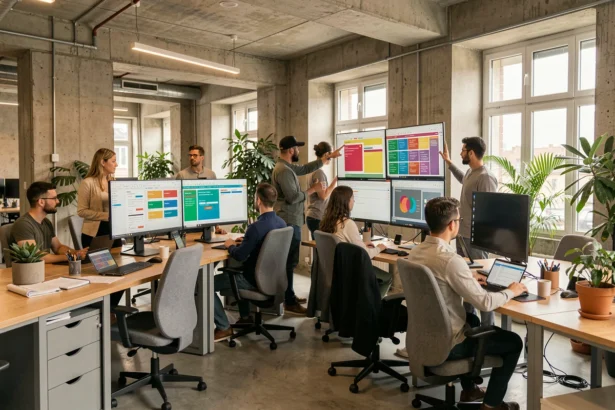 Vue d'ensemble d'une agence de création de sites internet moderne dans les Hauts-de-Seine avec des professionnels travaillant sur des interfaces web
